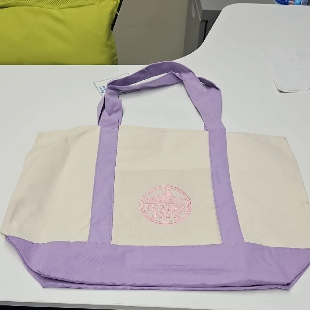 Large Trader Joe's Lavender & Cream Canvas Tote - Picture 3 of 3